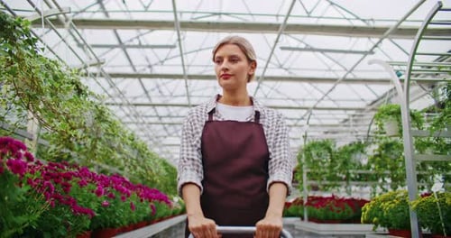 Charming Woman with Blond Hair Observing Pots with Live Greenery Choosing Plant Before Placing Into