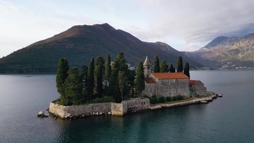 Charming Island of Saint George, Benedictine Monastery from XII Century, Aerial Pano, Montenegro, Ad