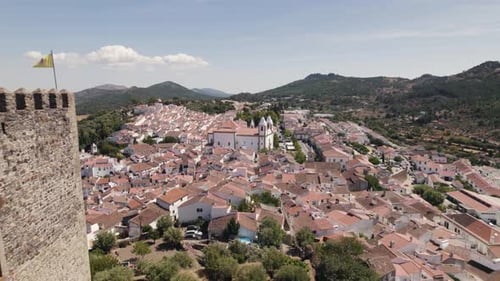 Charming medieval Castelo de Vide town, Alentejo, Portugal. Aerial dolly out