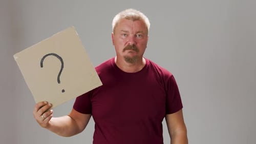Question Mark Adult Man with Mustache Holding Cardboard Box