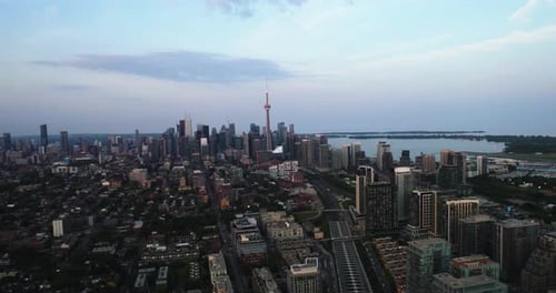 Aerial view over the railway in Niagara district of Toronto, summer sunset in Canada