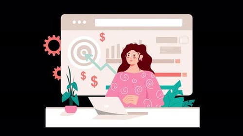 Woman analyzing data with graphs and gears in background