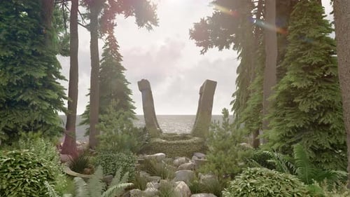 Tranquil Forest Scene with Ancient Stone Structure by the Sea