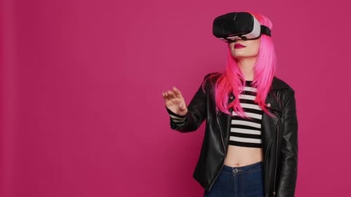 Woman Using Virtual Reality Headset to Interact