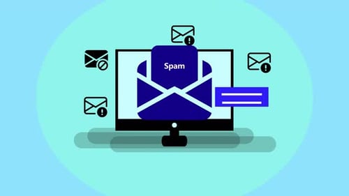 Computer monitor with email and chat spam message icons animated representing online communication.