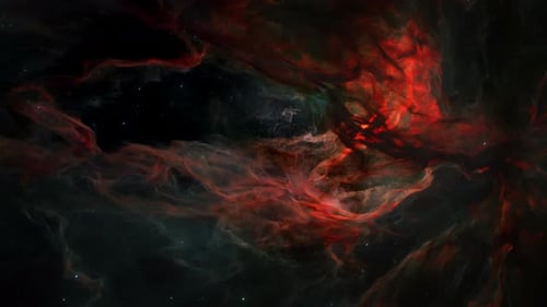 Cosmic Journey Through a Glowing Red Nebula and Stars