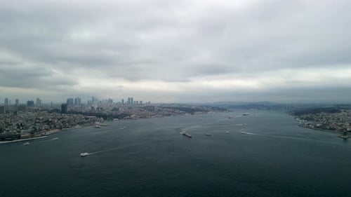 Cargo ships moving across the Bosphorus Strait in Istanbul