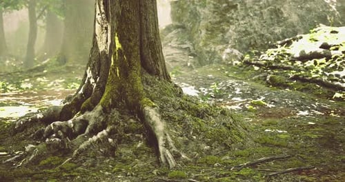 Majestic Tree Roots Emerge From the Forest Floor in Morning Light