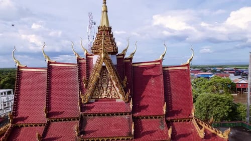 Drone Over Ornate Temple Of Floating Village