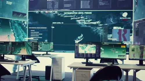 Empty Military Control Room Headquarters with a Big Display