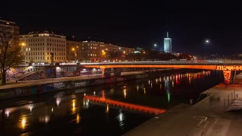 Vienna Night Timelapse: Promenade, Bridge, River in Autumn