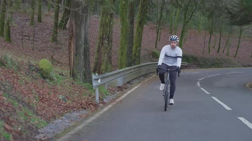 Cyclist riding uphill on curved forest road