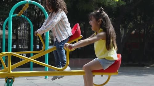 Sweet children playing on teeter totter in the playground