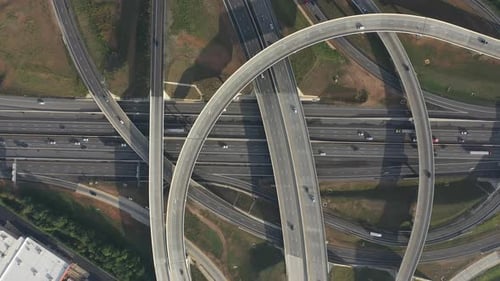 Aerial view of highway interchange, United States.