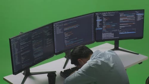 Tired Asian Man Sleeping While Write Code With Multiple Computer Screens In Green Screen