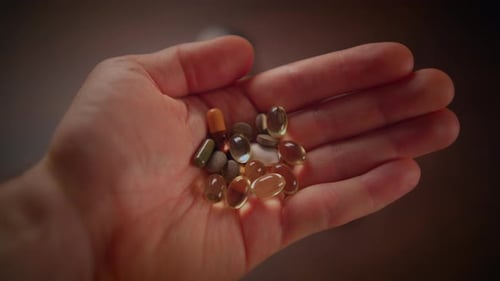 Hand Holds Various Medicine Pills and Places Them Down
