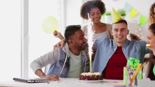 Corporate, Celebration And People Concept - Happy Team With Fountain Cake Firework Celebrating An...