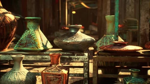 Artistic Ceramic Vases in Marketplace Stall with Ornate Patterns