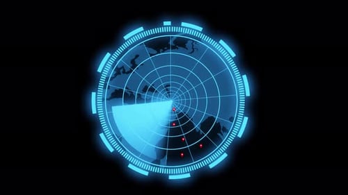 Futuristische Radarbildschirmanzeige mit Kartenanimation auf schwarzem Hintergrund, Blaulicht-Radarbildschirm HUD