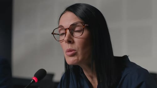 Woman Speaking at Meeting in Workplace Setting