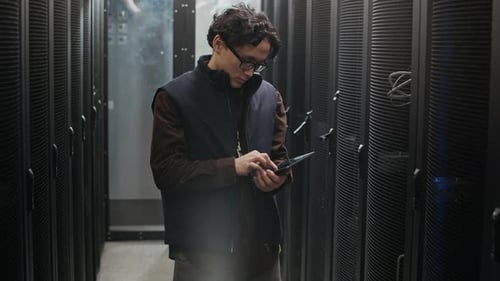 Portrait of Asian Network Engineer with Digital Tablet in Data Center Corridor
