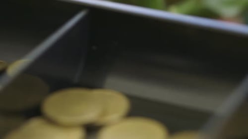Handheld shot of various Euro coins neatly arranged in a cash register. The close-up footage capture