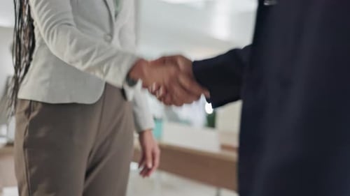 Handshake, welcome and meeting with business people in office for teamwork, thank you or agreement