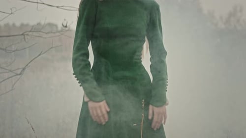 Woman in Green Dress Standing in Misty Field