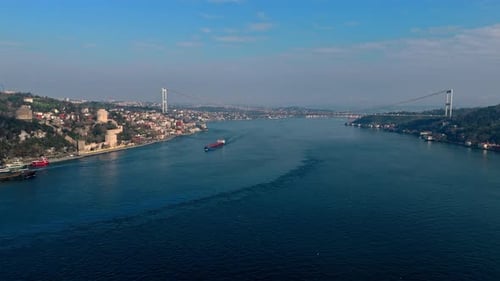 Wide Angle Drone View of the Istanbul Bosphorus with Two Bridges and Coastline