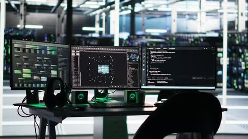 Monitors in Data Center Displaying Node Tree Programming Software