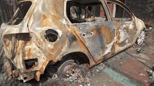 Burnt Houses and Cars As a Result of Artillery or Rocket Fire By the Russian Army in the Kiev Region