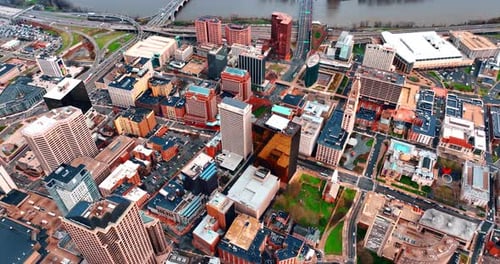Drone footage above the panorama of Hartford, Connecticut, the USA.