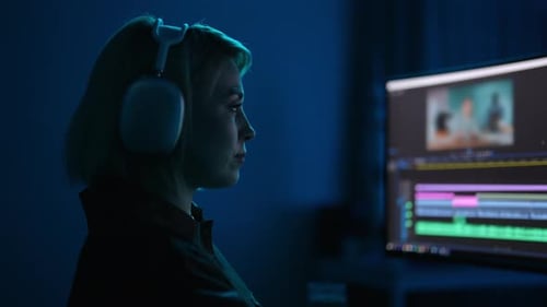 Closeup Face of Focused Graphic Designer Creating Professional Movie Content with Filmmaking