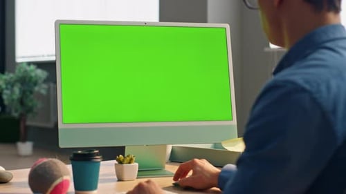 Smart Startuper Working Mockup Computer in Office Closeup Man Staring Monitor