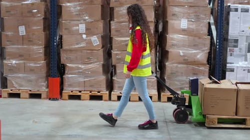 Travailleur transportant un chariot avec des boîtes dans un entrepôt de distribution