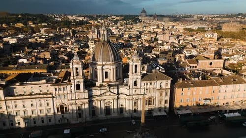 Beautiful Orbiting Drone Shot Above Piazza Navona, Historic Square in Rome, Italy