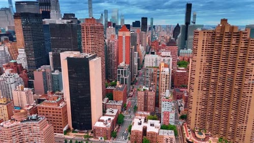 Cityscape of modern New York, USA. Drone flight over the street of the city along