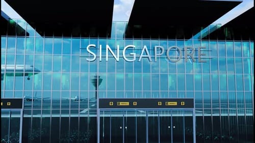 Airlane Landing at Singapore Arrival in the City with Reflection of Airport and Aircraft