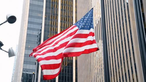 American Flag Waving in the Wind, Urban Setting