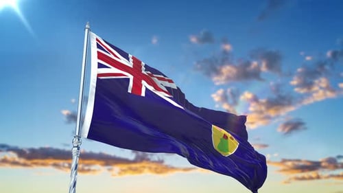 Turks And Caicos Islands Flag Waving In Blue Sky