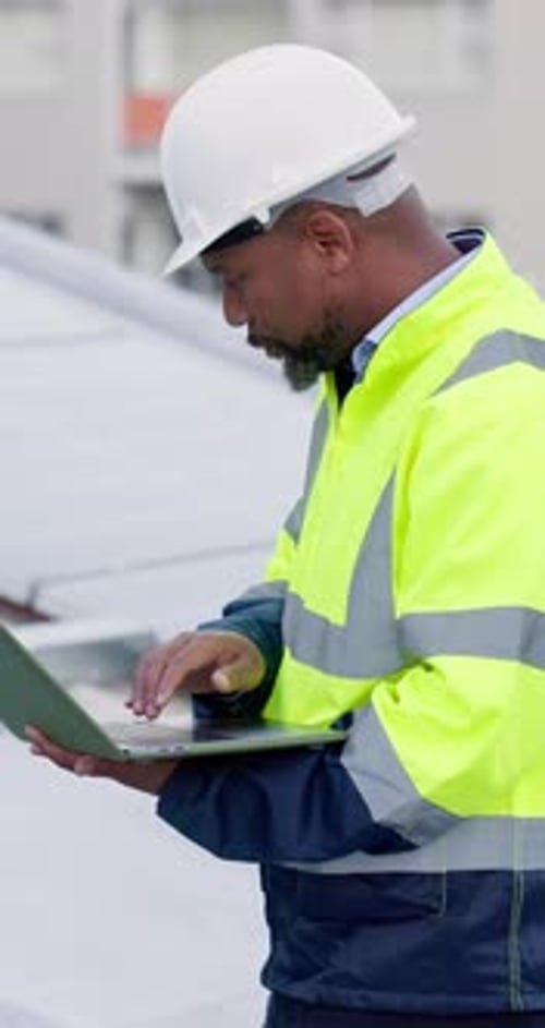 Engineering, man and laptop for solar panels, renewable energy power or sustainable solution