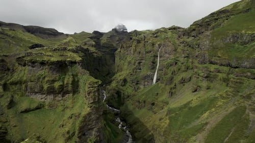Aerial view of Mulagljufur Canyon with river, Iceland.
