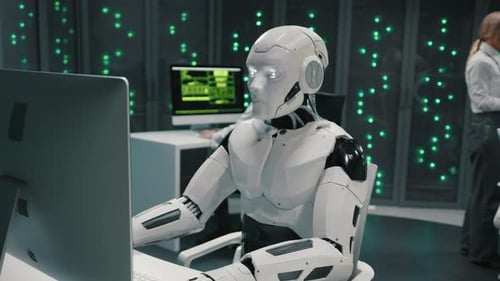Future is Now Futuristic Automated AI Robot Worker Using Computer Working in Modern Data Center