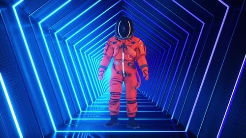 An Astronaut In A Lighted Neon Pentagon Tunnel