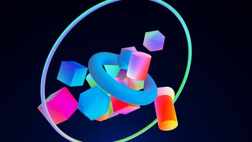 Dynamisches Schweben bunter geometrischer Figuren in Schwerelosigkeit - 4K Animation