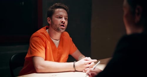 Man, interview and statement in jail for crime, arrest with legal interrogation or police