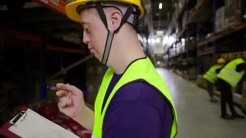 Warehouse worker with down syndrome checking inventory and smiling