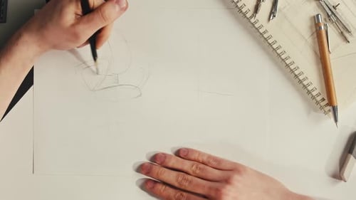 Young Man Artist is Drawing Chair Sofa By Pencil on White Paper The Designer Making Sketches for the