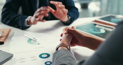 Hands, business and people in documents for meeting of financial planning