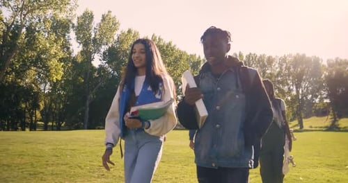 High School Students Walking and Talking in Sunny Park 1415 Years